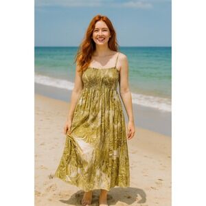 Green Palm Leaf Print Maxi Dress Spaghetti Strap Smocked‎ Bodice Slit Sz L